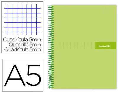 Cahier spirale liderpapel crafty couverture contrecollée A5 240p 90g 5x5mm microperforé 6 trous coloris vert