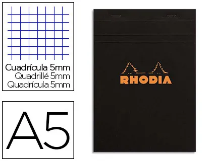 Bloc bureau rhodia A5 papier vélin surfin couverture enduite enveloppante 148x210mm 80f détachables 80g 5x5mm noir