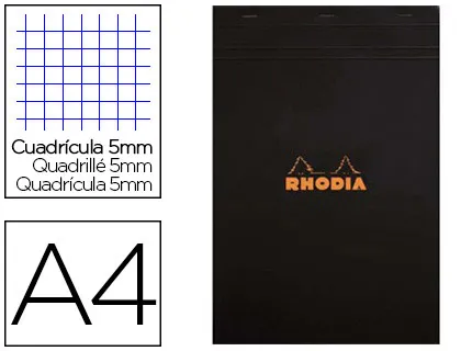Bloc bureau rhodia A4 papier vélin surfin couverture enduite enveloppante 210x297mm 80f détachables 80g 5x5mm noir