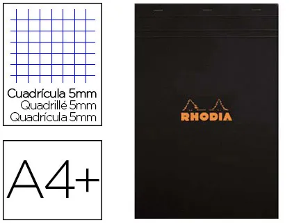 RHODIA Bloc agrafé en-tête couverture Noire n° 19 format 21x31.8cm 80g 160 pages réglure 5x5 192009C