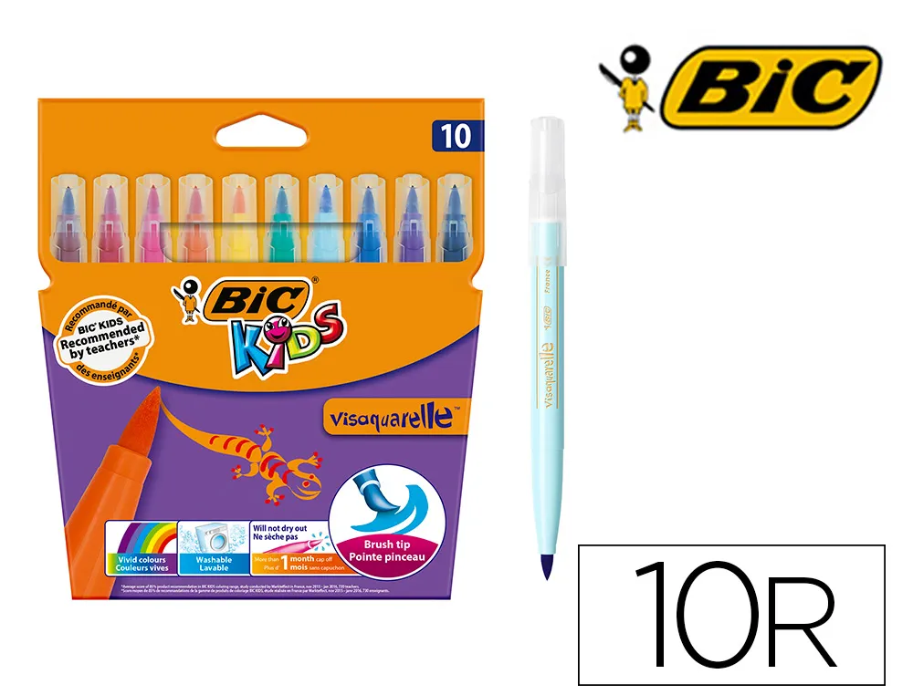 Feutre bic kids visaquarelle encre lavable pointe pinceau extra-souple bloquée couleurs très vives étui carton 10u
