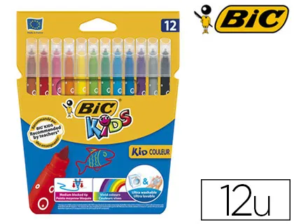 Feutre bic kids coloriage encre ultra-lavable capuchon ventilé pointe bloquée décor fantaisie pochette 12 unités