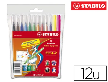 Feutre coloriage stabilo trio triangulaire encre super lavable pointe moyenne pochette 12 unités + 2 fluos