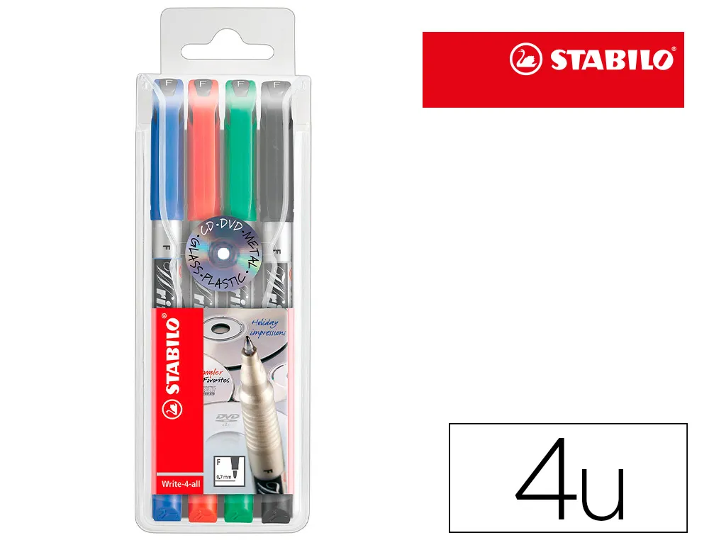 Marqueur stabilo write-4-all permanent tous supports pointe fine pochette 4 assortis