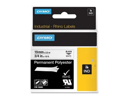 Ruban titreuse dymo industriel rhino support polyester permanent roll 19mmx5.5m coloris impression noir/blanc