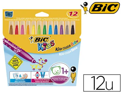 Feutre bic kids couleur baby coloriage corps large encre lavable pointe boule bloquée couleurs assorties pochette 12u