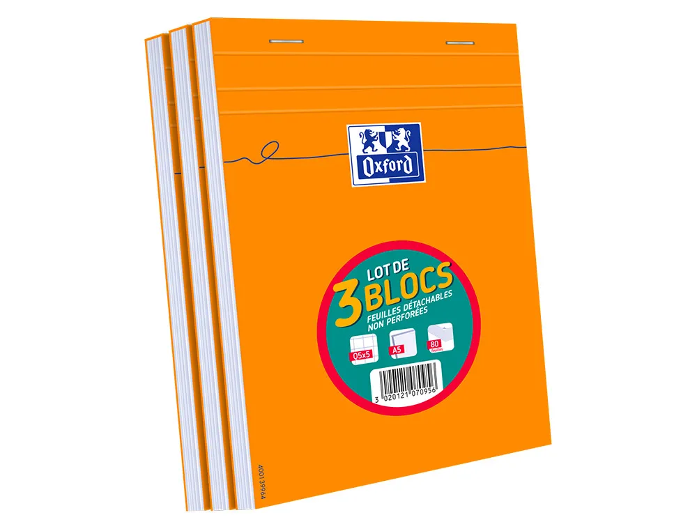Bloc oxford agrafé A5 80 feuilles 80g 5x5 lot 2 blocs+1gratuit