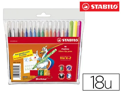 Feutre coloriage stabilo trio triangulaire encre super lavable pointe moyenne pochette 18 unités + 3 fluos