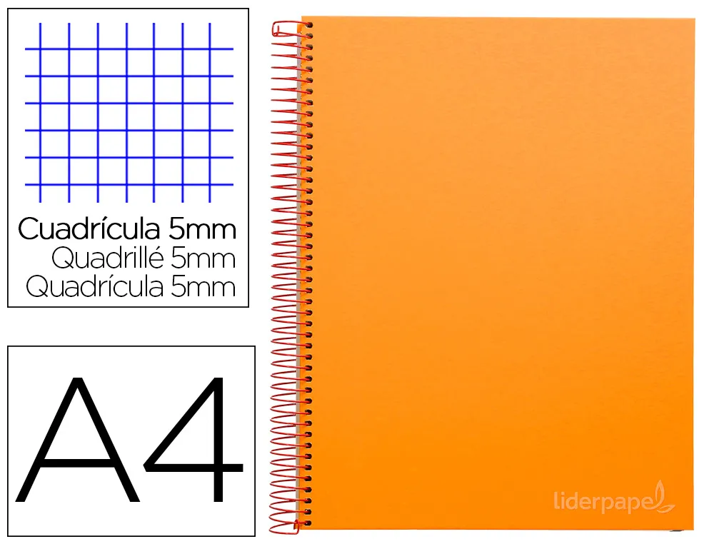 Cahier spirale liderpapel jolly couverture contrecollé A4 280p 75g 5x5mm microperforé 4 trous coloris orange