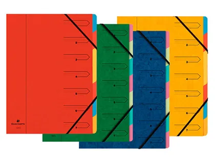 Trieur exacompta carte lustrée 355g A4+ 245x322mm dos agrafé 7 compartiments couverture imprimée 4 coloris assortis