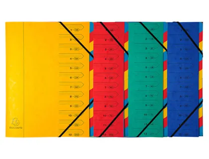 Trieur exacompta carte lustrée 355g A4+ 245x322mm dos agrafé 12 compartiments couverture imprimée 4 coloris assortis