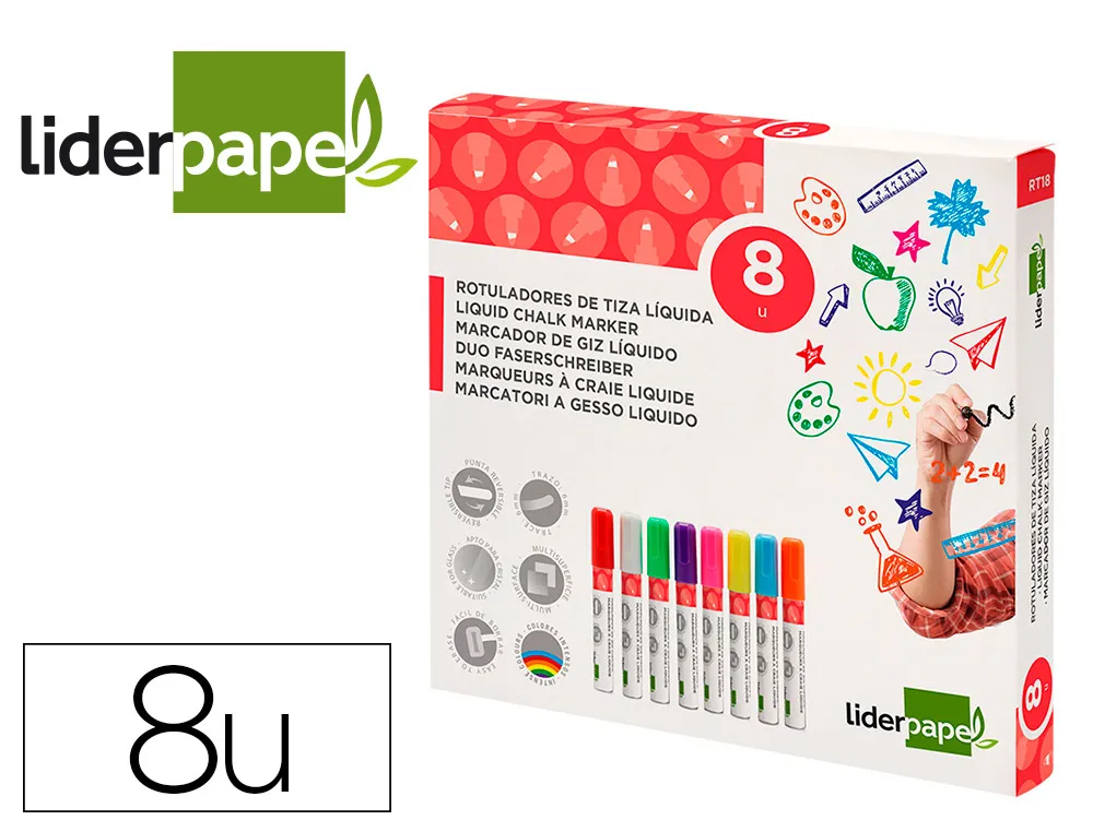 Marqueur liderpapel encre craie liquide pointe ronde trait de 6 mm boite de 8 coloris assortis