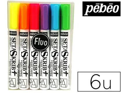 Feutre coloriage pébéo tissu pointe pinceau 1mm adapté enfants couleurs assorties fluos pochette 6 unités