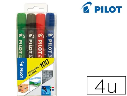 Marqueur pilot 100 permanent pointe ogive fine 1/4,5mm resiste a l'eau pochette de 4 noir/bleu/vert/rouge
