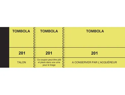 Bloc tombola elve 3 coupons numérotés 2 détachables sans agrafe 150x50mm paquet de 10 unités coloris jaune