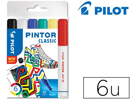 Marqueur pilot pintor set regular mix pointe extra fine coloris noir bleu vert jaune blanc rouge pochette 6 unités