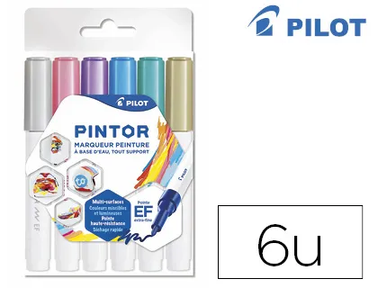 Marqueur pilot pintor set metal mix pointe extra fine coloris argent rose violet bleu vert or pochette 6 unités
