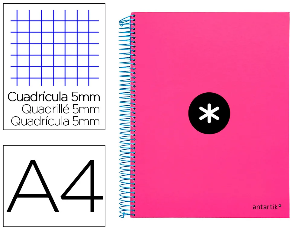 Cahier spirale liderpapel antartik A4 240p 100g couverture rembordée quadrillage 5mm 4 trous coil-lock coloris rose fluo