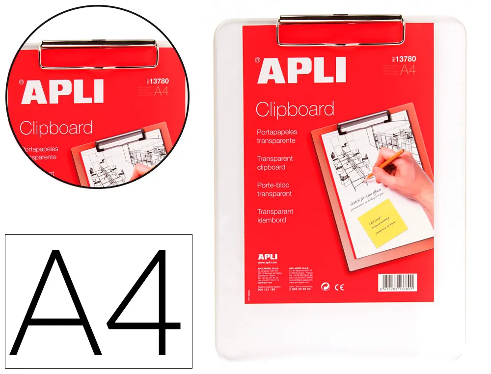 Porte-bloc apli plastique très rigide bords incurvés pince clip fixateur format A4 210x297mm coloris transparent