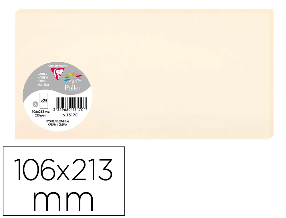 Papier correspondance clairefontaine pollen 210g 106x213mm coloris ivoire paquet 25 feuilles