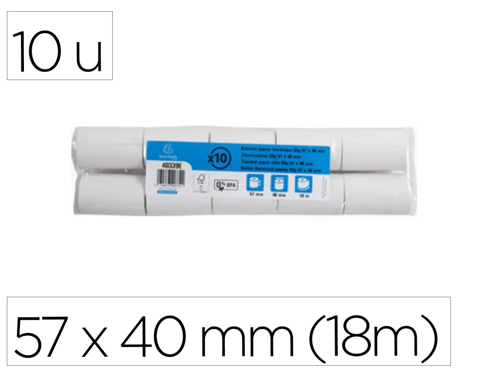 Bobine thermique exacompta tickets carte bancaire 1 pli sans bpa 57x40mm mandrin 12mm métrage 18m lot 10 rouleaux