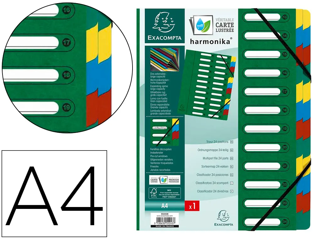 Trieur exacompta harmonika carte lustrée 12 compartiments fenêtres dos extensible onglets multicolores coloris assortis