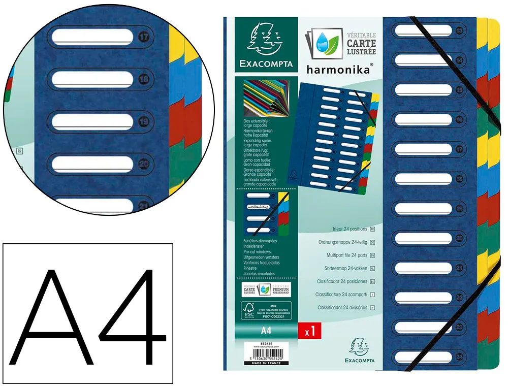 Trieur exacompta harmonika carte lustrée 24 compartiments fenêtres dos extensible onglets multicolores coloris assortis