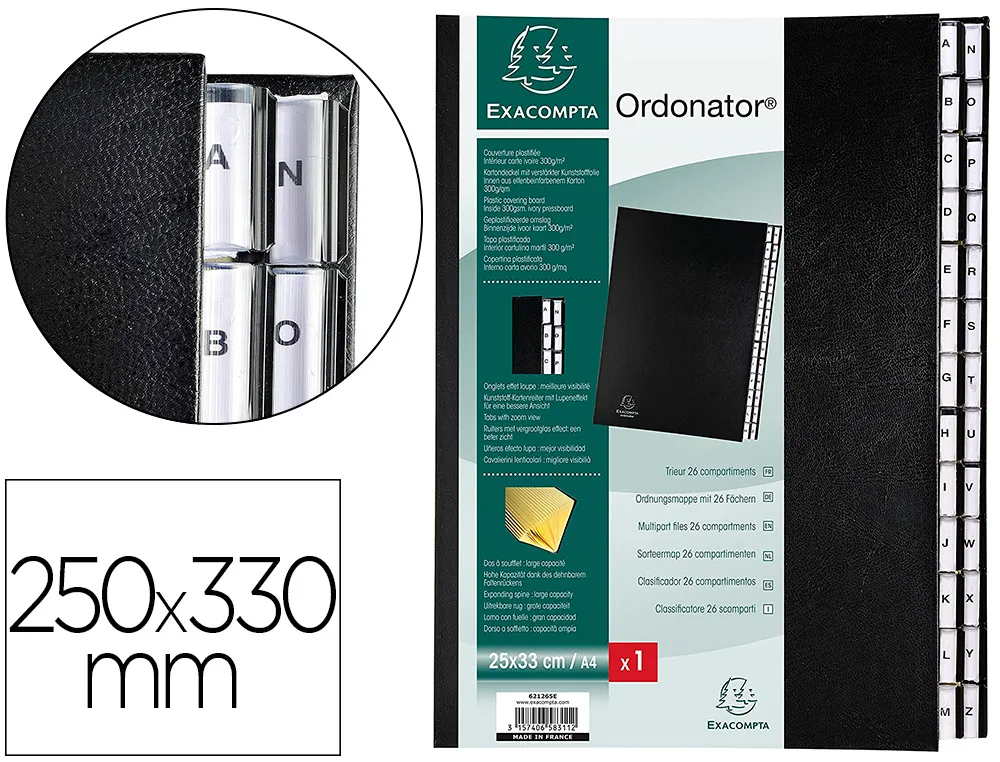 Trieur exacompta ordonator carton recouvert pvc 25x33cm alphabétique 26 compartiments 300f dos extensible coloris noir