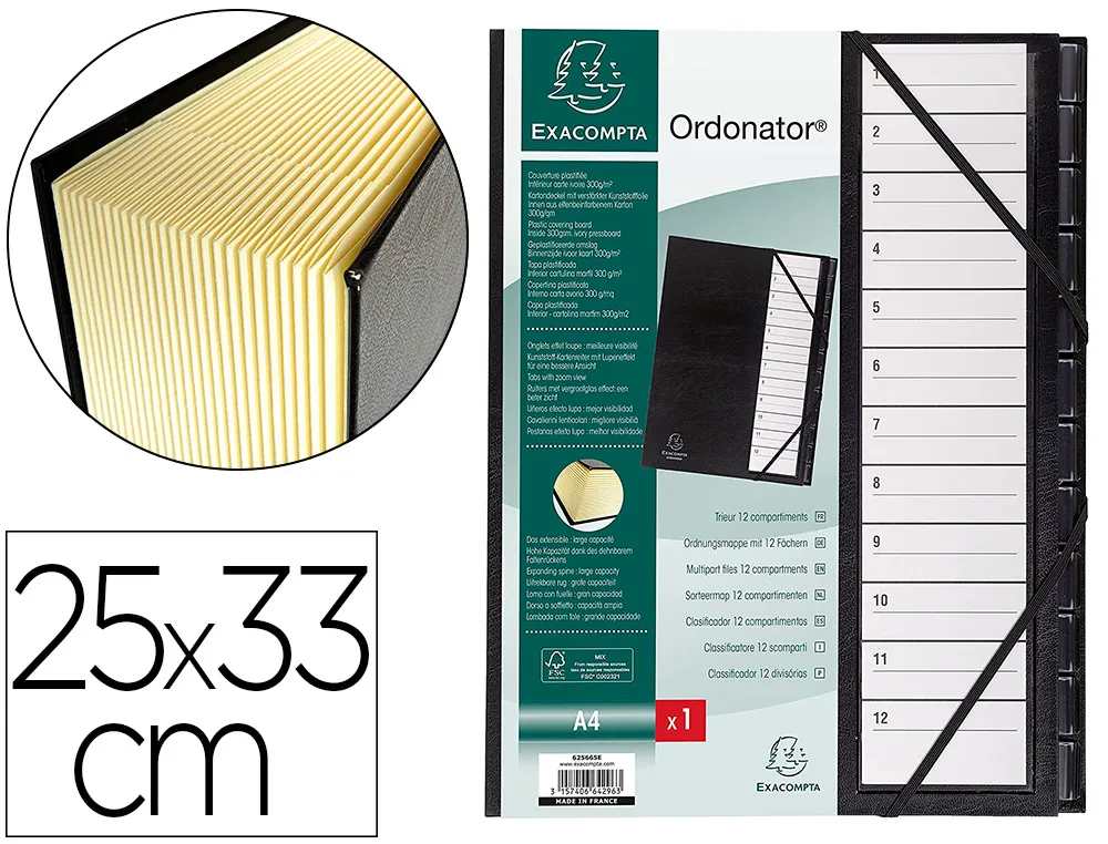 Trieur exacompta ordonator carton recouvert pvc 25x33cm alphanumérique 26 compartiments 850f dos extensible coloris noir