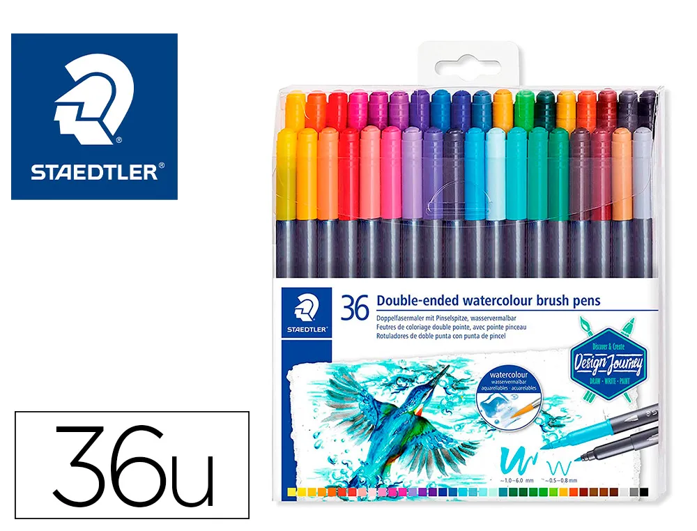 Feutres coloriage aquarellables staedtler marsgraphic duo3001 design journey double pointe pinceau/fine - lot 6 set 36un