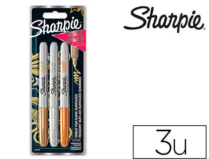 Marqueur permanent sharpie pointe conique fine couleurs metalliques assorties or/argent/bronze blister 3