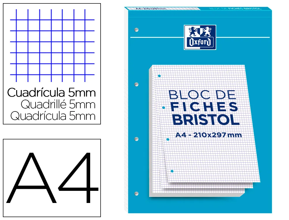 Bloc bristol perfore oxford 2.0 A4 30 fiches 210g quadrille 5mm