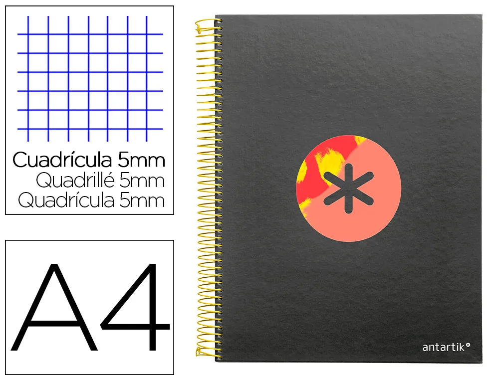 Cahier spirale liderpapel antartik A4 120f 100g remborde5x5mm micro-perf 5 bandes 4 trous trending 2020 noir