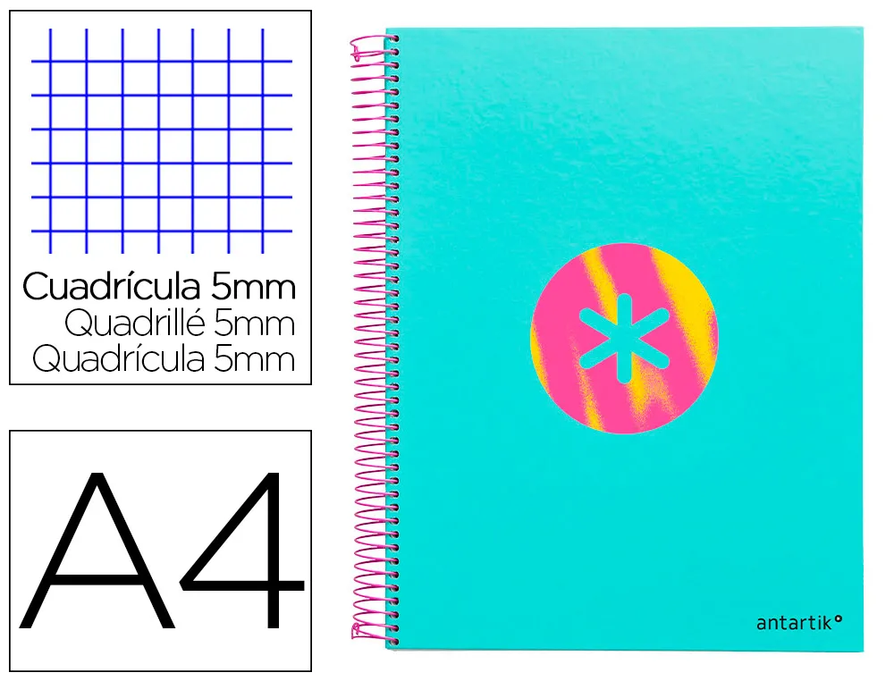 Cahier spirale liderpapel antartik A4 120f 100g remborde5x5mm micro-perf 5 bandes 4 trous trending 2020 turquoise