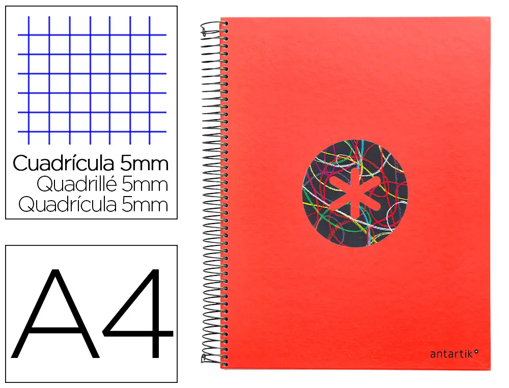 Cahier spirale liderpapel antartik A4 120f 100g remborde5x5mm micro-perf 5 bandes 4 trous trending 2020 rouge