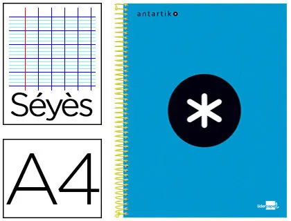 Cahier spirale liderpapel antartik a4 240p 100g couverture carton contrecolle seyes microperfore 4 trous bleu