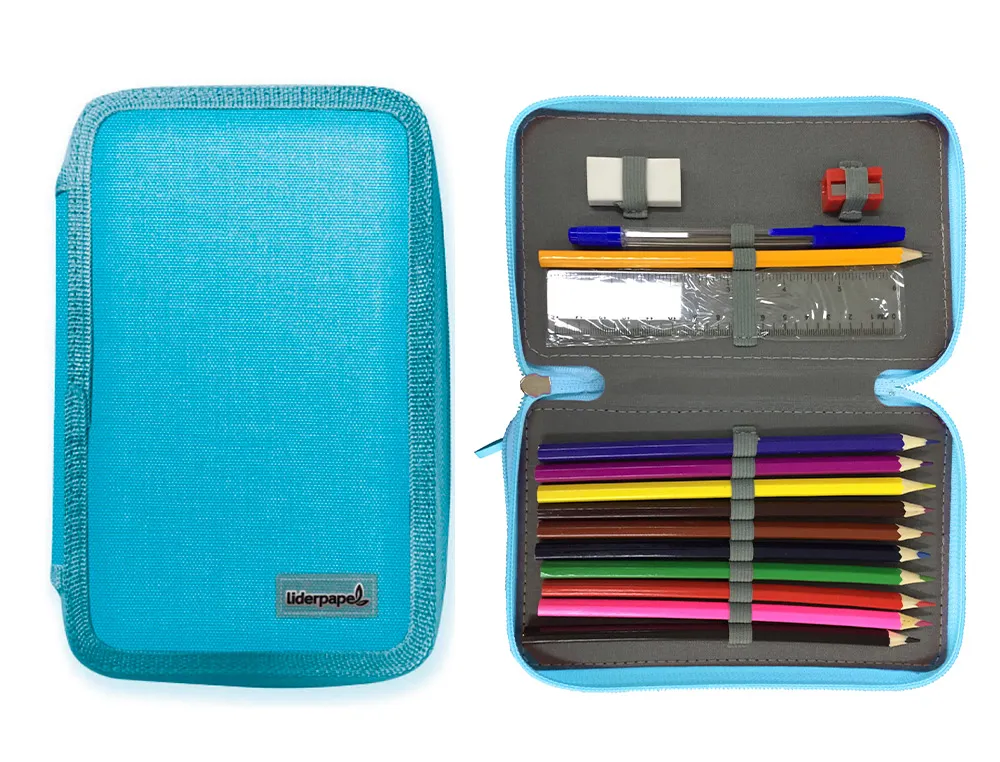 Trousse plumier liderpapel grande 4 étages 65 pièces dim. 210x135x75mm coloris bleu ciel