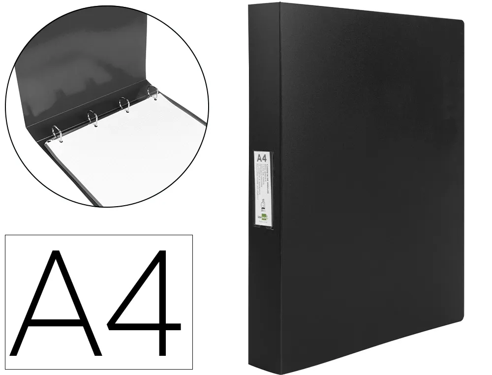 Classeur liderpapel 4 anneaux 25mm A4 260x315mm polypropylene dos 40mm porte-cartes visite coloris noir CH29