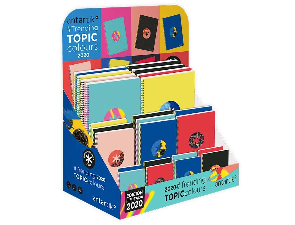 Presentoir de comptoir mixte 24 cahiers liderpapel antartik trending topic 2020 format a4 a5 a6