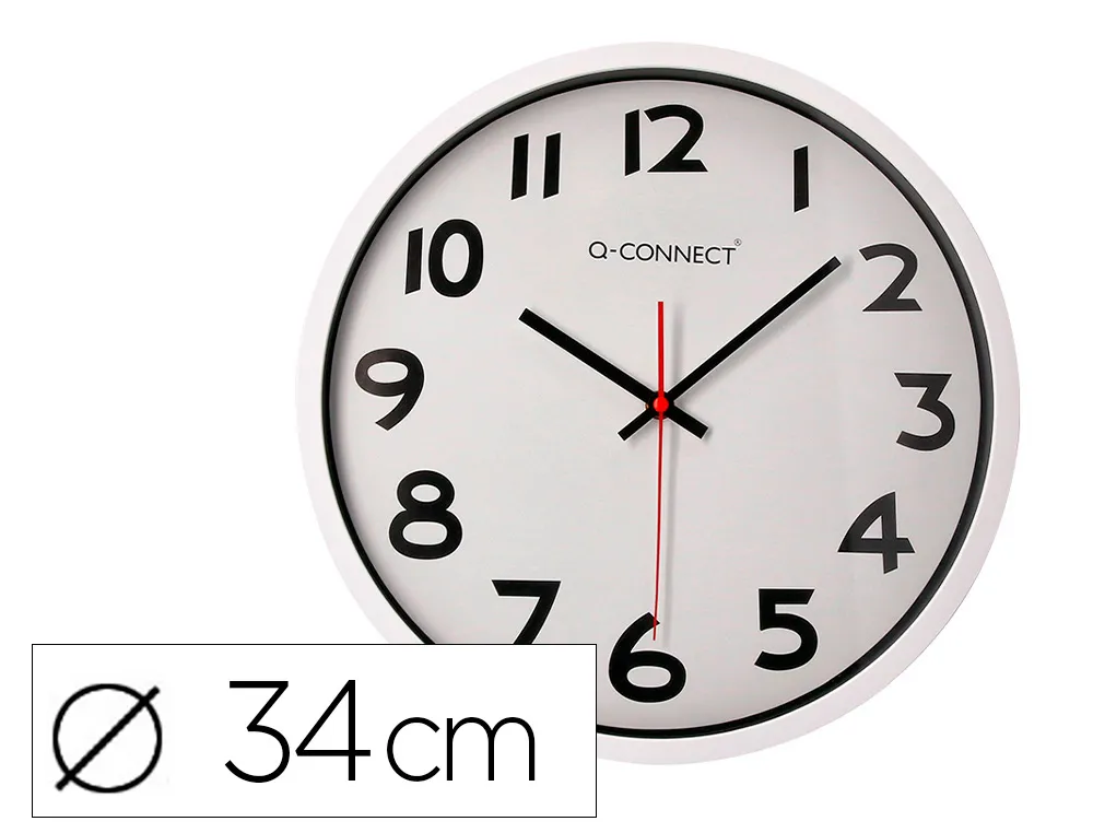 Horloge q-connect murale plastique design actuel numéros noirs fond blanc 1 pile aa non fournie diamètre 34cm chromé