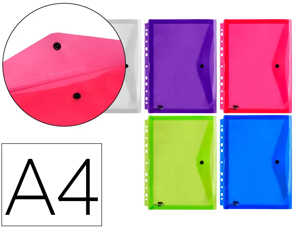 Pochette enveloppe liderpapel polypropylène 180 microns a4 210x297mm 50f résistant perforée coloris assortis pack 5u
