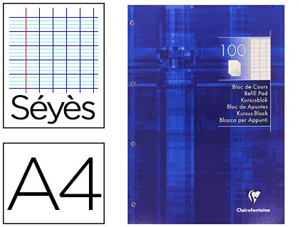 Bloc cours clairefontaine 200 pages encollées détachables papier vélin velouté A4 210x297mm 90g seyes 4 trous