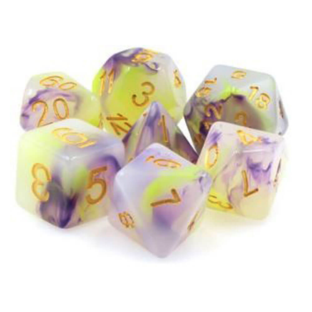 TMG DICE TORKING VIOLETS PROPLE / WHITE JADE OPAQUE (ensemble de 7)