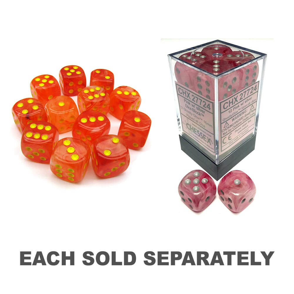 D6 Dice Ghostly Glow 16 mm (12 dés)