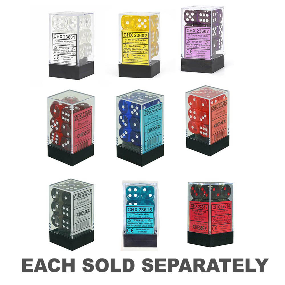 D6 Dice Translucent 16 mm (12 dés)